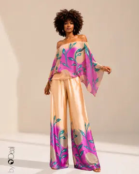 Ensemble Femme Tunique Épaules Dénudées et Pantalon Large Imprimé